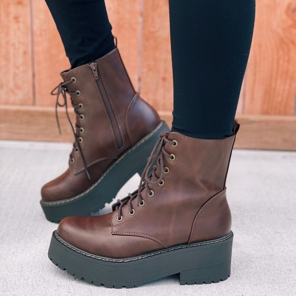 Brown Lace Up Platform Combat Boots - Picture 1 of 9